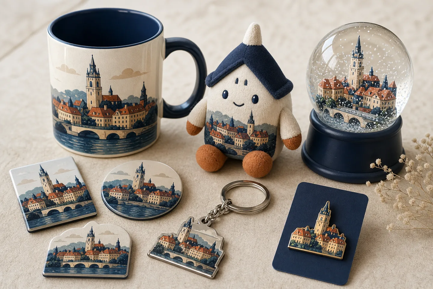 A line of custom souvenirs: magnets, keychains, a mug and a plush toy with a European landmark