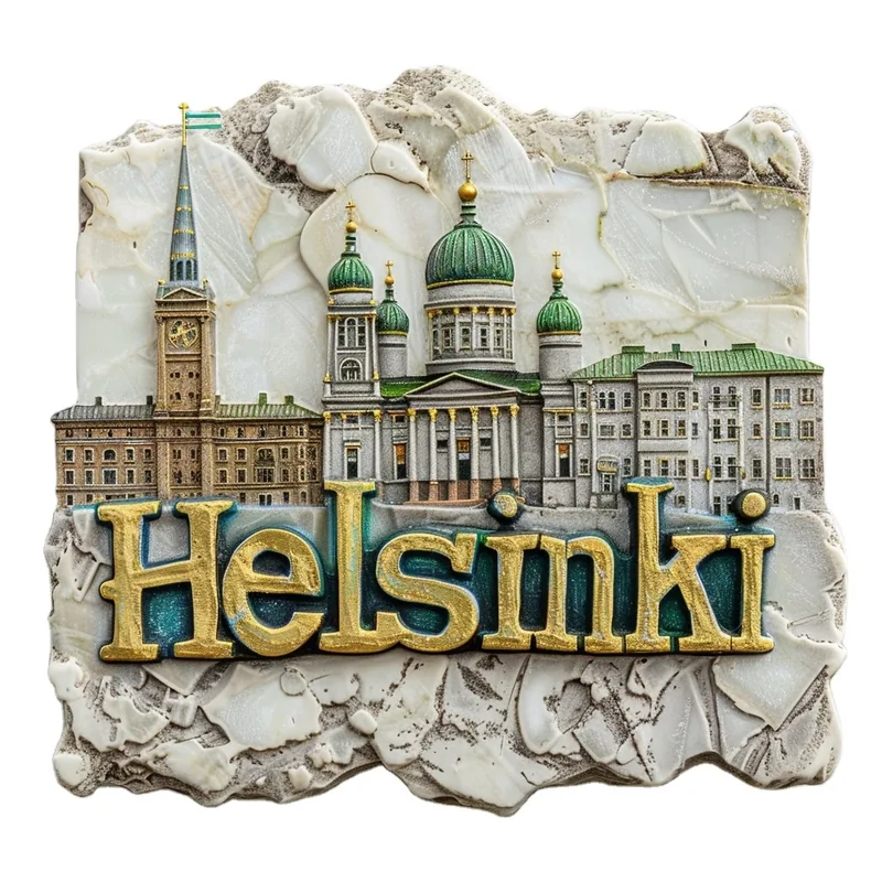 Magnes na lodówkę z motywem Helsinki — przykład pamiątki turystycznej