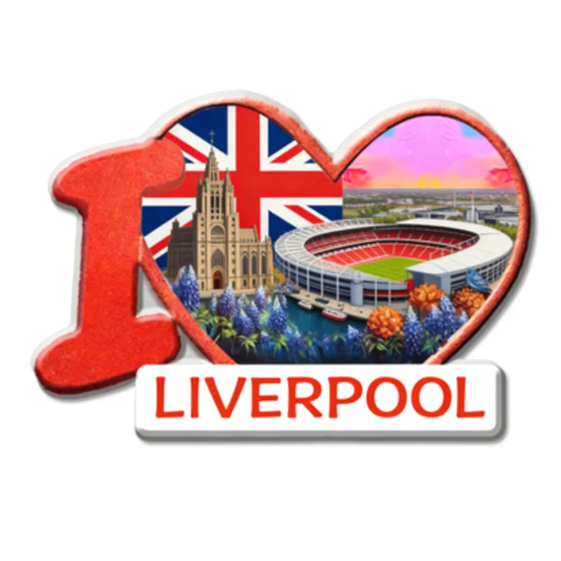 Magnes na lodówkę z motywem Liverpool — przykład pamiątki turystycznej