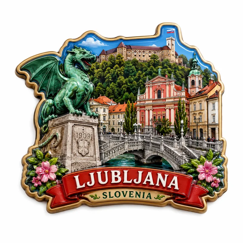 Fridge magnet with a Ljubljana motif — example of a tourist souvenir