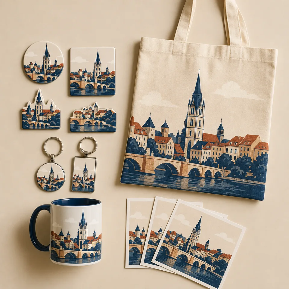 Souvenir line for an old town: magnets, keychains, mug, tote