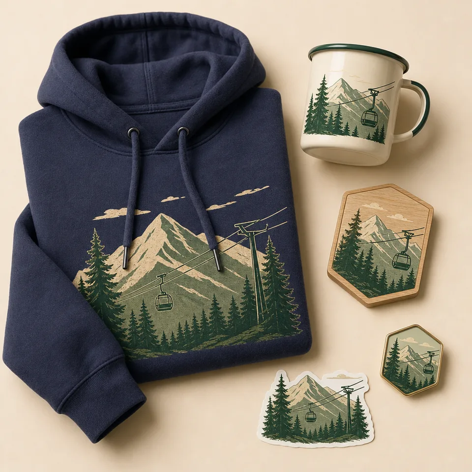 Mountain resort line: hoodie, enamel mug, wooden magnet, pin