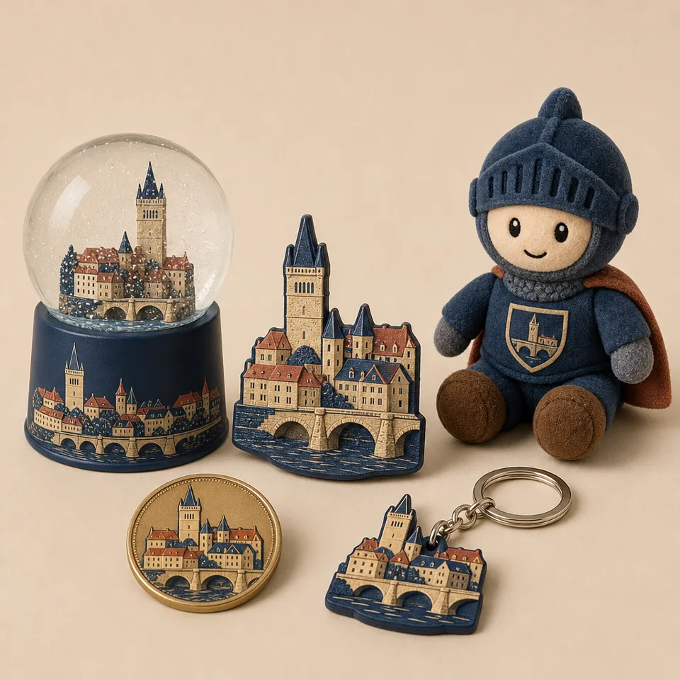 Castle attraction line: snow globe, 3D magnet, coin, plush knight
