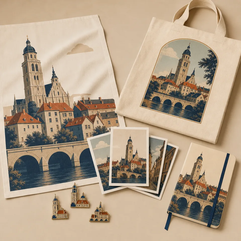 Museum shop line: tea towel, postcards, pins, notebook
