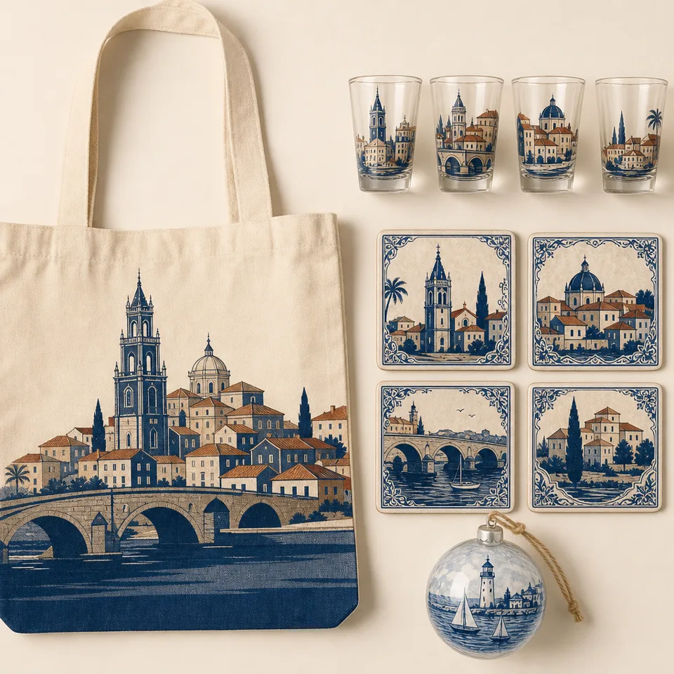 Coastal town line: shot glasses, tile coasters, tote, ornament